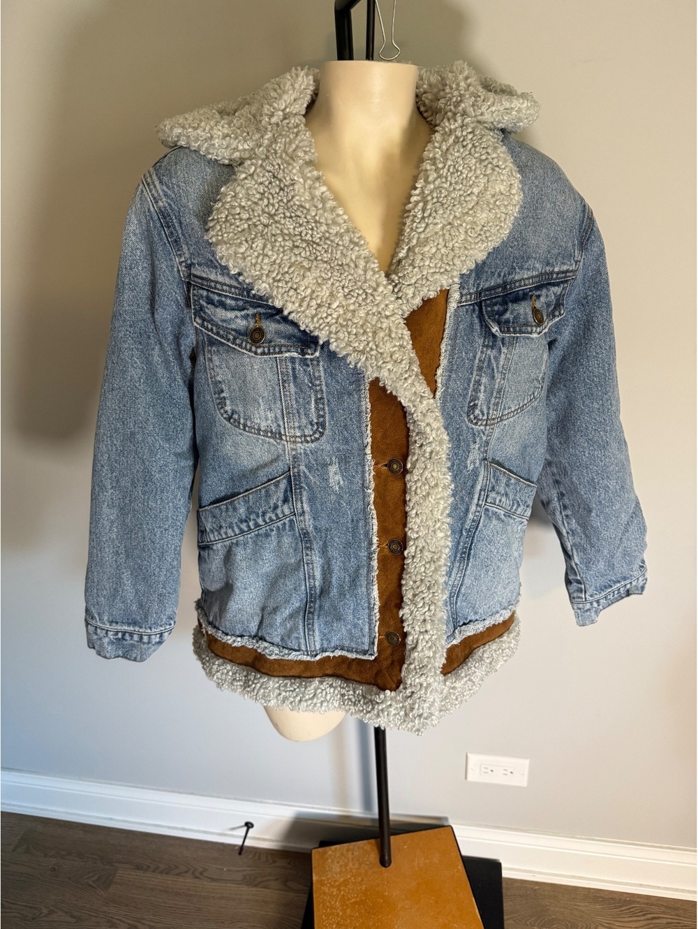 We the Free XS Denim and Faux Shearling Jacket with Hood